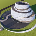 Modern Cultural Center Building with Curved White Facade Water Pool and Green Lawn 3d model