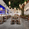 Warm Traditional Chinese Restaurant Interior With Food Display Shelves Beverage Coolers And Wooden Decor