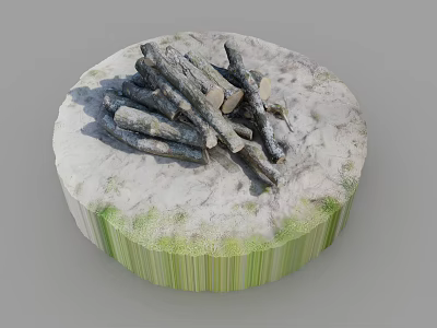 Snow Covered Stone Base With Stacked Wood Logs On Circular Platform 3d model