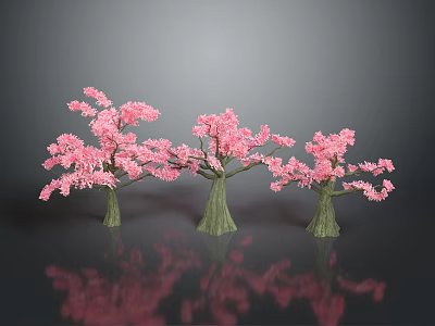 Three Pink Flowering Trees With Green Trunks On Grey Background And Ground Reflections 3d model