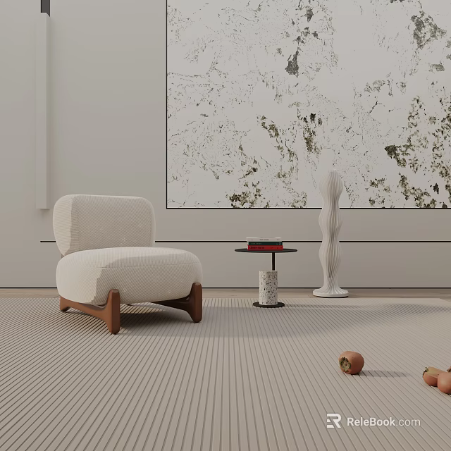Beige Upholstered Accent Chair With Wooden Legs Round Table Sculpture Large Painting And Striped Carpet 3d model 