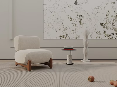 Beige Upholstered Accent Chair With Wooden Legs Round Table Sculpture Large Painting And Striped Carpet 3d model
