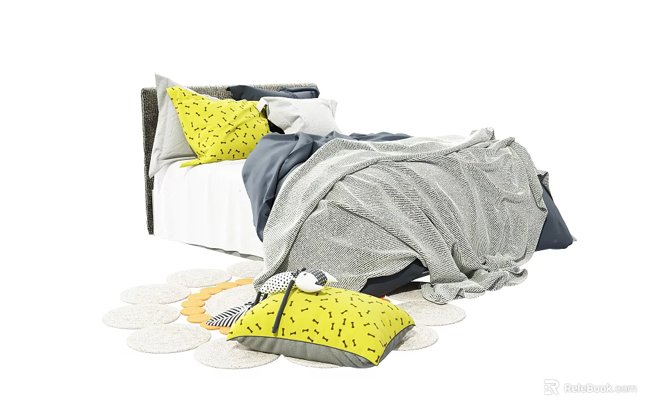 Cozy Kids Bed With Yellow Pillows Gray Blanket White Frame And Round Rug 3d model 