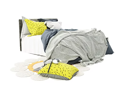 Cozy Kids Bed With Yellow Pillows Gray Blanket White Frame And Round Rug 3d model