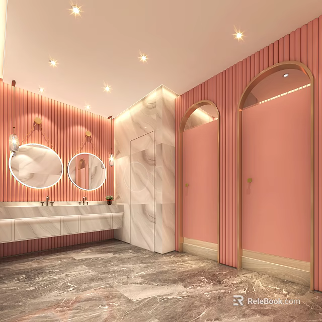 Modern Public Restroom With Pink Walls Marble Countertops Arched Doors Mirrors And Washbasins 3d model 