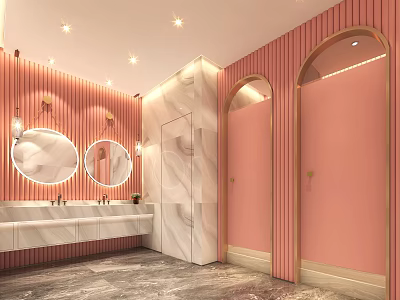 Modern Public Restroom With Pink Walls Marble Countertops Arched Doors Mirrors And Washbasins 3d model