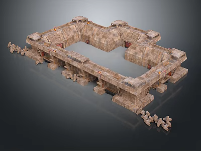 Ancient Stone Fortress Model With Square Structure And Surrounding Guard Figurines 3d model