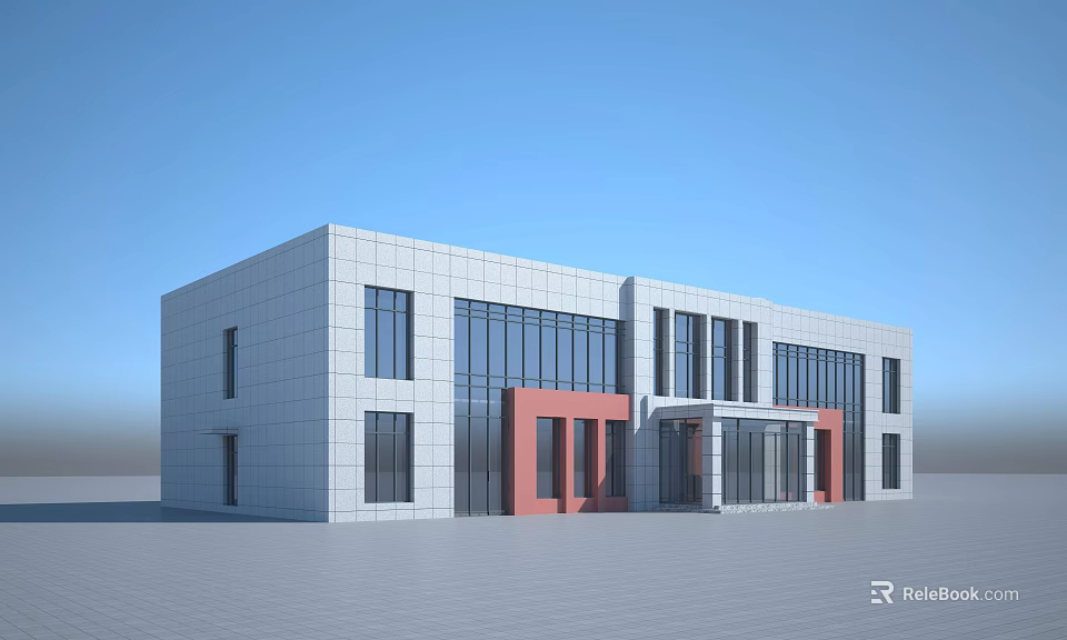 Modern Office Building Featuring White Exterior Red Accents Large Glass Windows And Flat Roof 3d model 