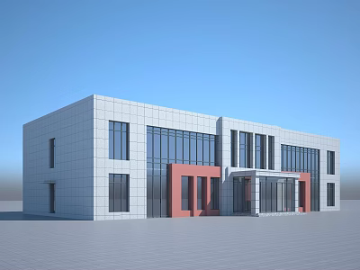 Modern Office Building Featuring White Exterior Red Accents Large Glass Windows And Flat Roof 3d model