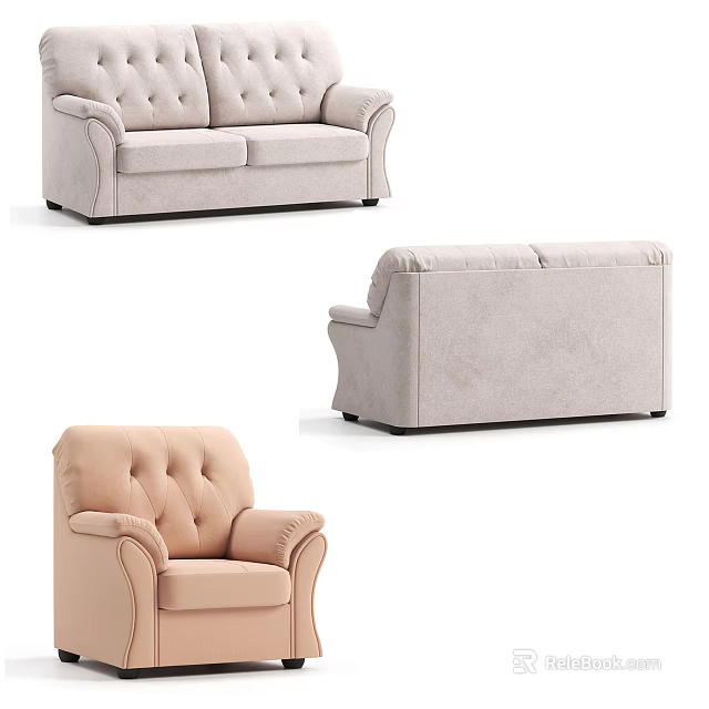 Light Colored Sofa Set With Two Seater Sofa Tufted Armchair And Modern Design 3d model
