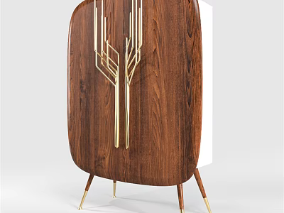 Modern Walnut Wood Wardrobe With Golden Tree like Accents And Unique Curved Door Design 3d model