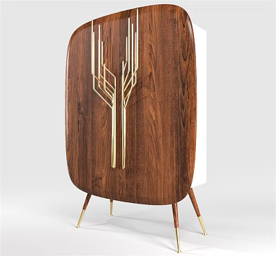 Modern Walnut Wood Wardrobe With Golden Tree like Accents And Unique Curved Door Design 3d model