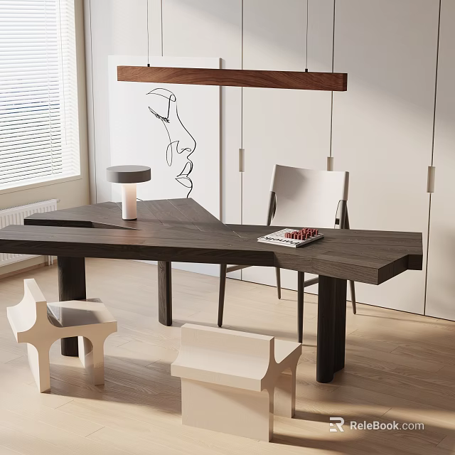 Modern Dark Wooden Dining Table Set with White Chairs Bench Pendant Light and Wall Art 3d model 