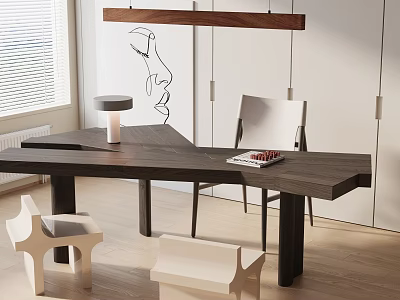 Modern Dark Wooden Dining Table Set with White Chairs Bench Pendant Light and Wall Art 3d model