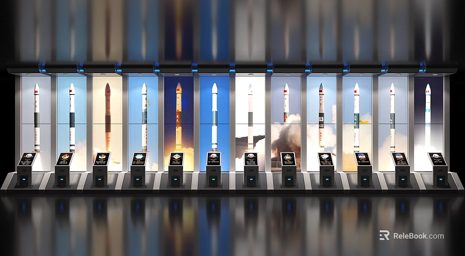 Rocket Display Cases With Control Consoles In Modern Exhibition Hall 3d model 