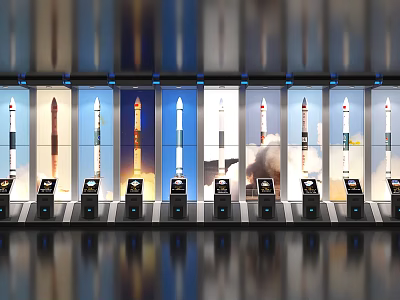 Rocket Display Cases With Control Consoles In Modern Exhibition Hall 3d model