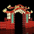 Traditional Red Gate With Golden Dragon Patterns Lattice Structure And Green Panels 3d model