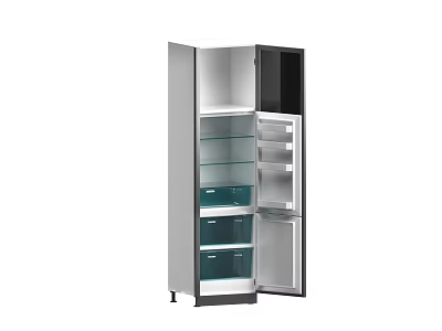 Refrigerator Freezer Open Door Interior View With Glass Shelves And Storage Drawers 3d model
