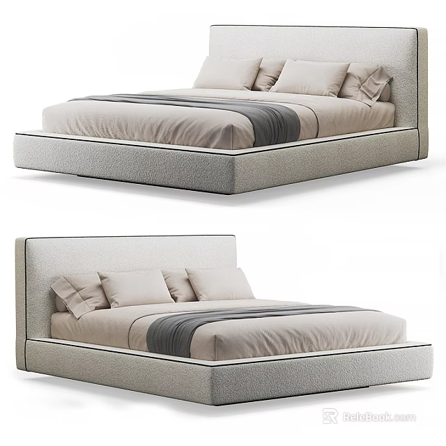 Modern Double Bed With Upholstered Headboard Striped Bedding And Pillows 3d model 
