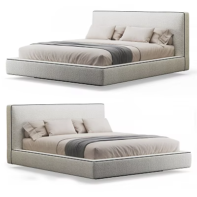 Modern Double Bed With Upholstered Headboard Striped Bedding And Pillows 3d model
