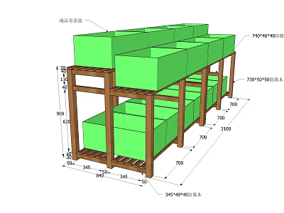Multi tiered Garden Planter Structure With Wooden Frame And Green Boxes 3d model