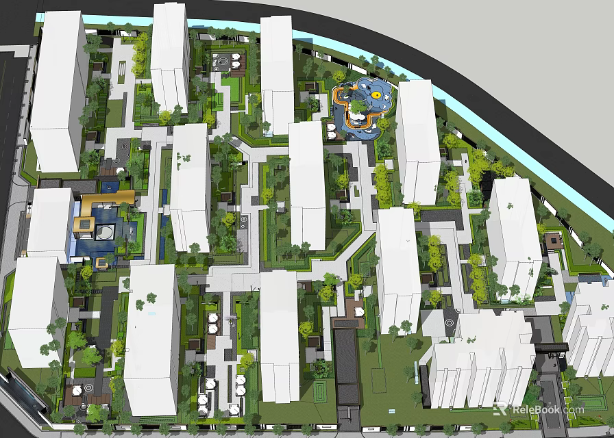 Residential Complex Planning With High Rise Buildings Green Spaces And Central Amenities 3d model 