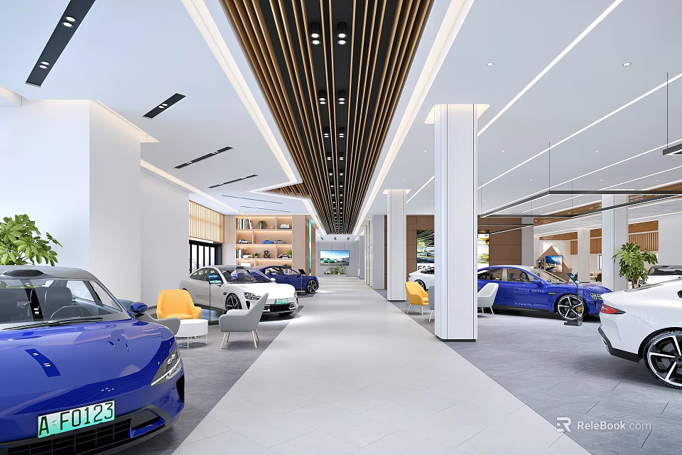 4S Store Showroom Modern Interior With Multiple Cars On Display And Comfortable Seating 3d model 