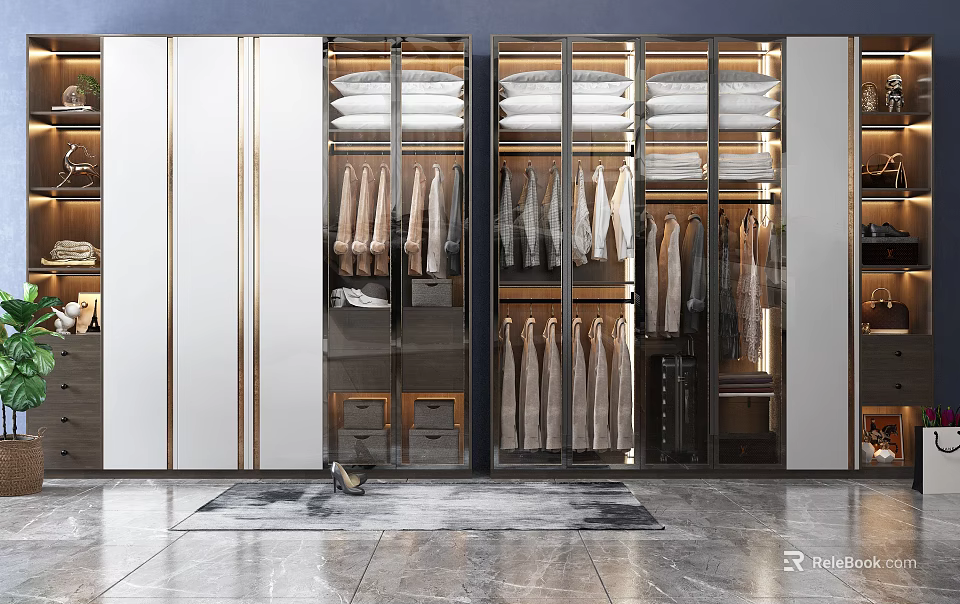 Modern Wardrobe Design With Glass Doors Hanging Area And Folded Items 3d model 