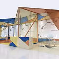 Exhibition Booth with Geometric Design Blue Yellow Gold Transparent Panels and Open Space Tables Chairs