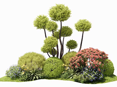Diverse Shrubs with Different Shapes Colors Green Spherical Red Flowering and Blue Small Flowers Landscape 3d model