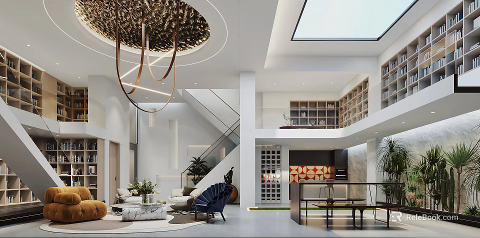 Elegant Modern Basement Interior Design With Skylight Staircase Chandelier And Cozy Furniture 3d model 