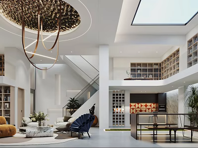 Elegant Modern Basement Interior Design With Skylight Staircase Chandelier And Cozy Furniture 3d model