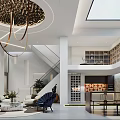 Elegant Modern Basement Interior Design With Skylight Staircase Chandelier And Cozy Furniture