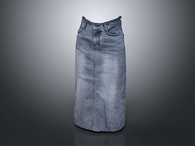 Mid Length Straight Blue Denim Skirt With Front Seam And Classic Pockets 3d model