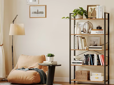 Cozy Study Room Interior With Comfortable Bean Bag Chair Floor Lamp Bookshelf And Potted Plants 3d model