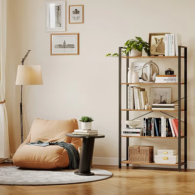 Cozy Study Room Interior With Comfortable Bean Bag Chair Floor Lamp Bookshelf And Potted Plants 3d model