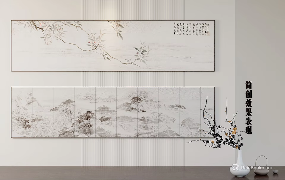 Traditional Chinese Landscape Paintings In Minimalist Interior 3d model 