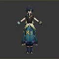 3D Anime Character With Blue Hair Black Outfit Green Accents And Weapons