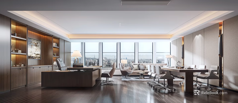 Modern Spacious Office Interior With Large Windows City View Desk Sofa And Wooden Floor 3d model 