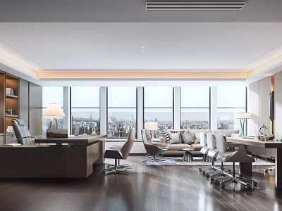 Modern Spacious Office Interior With Large Windows City View Desk Sofa And Wooden Floor 3d model