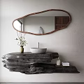 Natural Bathroom Washbasin Design With Stone Countertop Oval Wooden Mirror And Decorative Plant