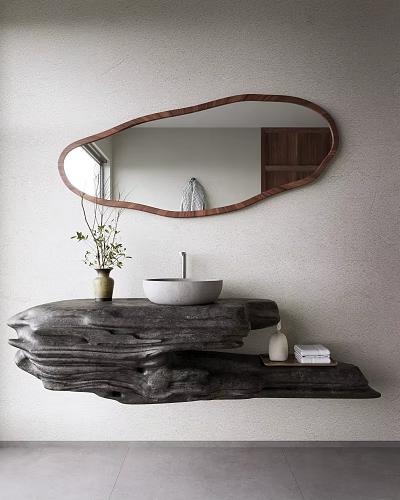 Natural Bathroom Washbasin Design With Stone Countertop Oval Wooden Mirror And Decorative Plant 3d model