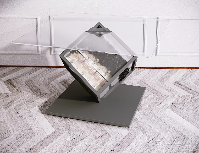 Modern Geometric Coffee Table With Transparent Glass Top And Gray Base Structure 3d model 