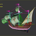 Historical Wooden Sailing Ship With White Sails Adorned With Red Crosses Classic Masts And Rigging
