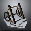 Vintage Wooden Cart With Wheels And Leather Straps On White Cloth Surface