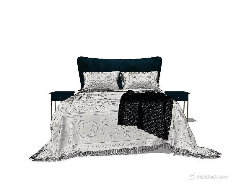 Elegant Double Bed with Dark Headboard Cushions Patterned Bedspread Black Blanket and Side Tables 3d model