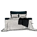 Elegant Double Bed with Dark Headboard Cushions Patterned Bedspread Black Blanket and Side Tables 3d model