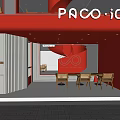 Stylish Paco ic Store Entrance with Red Facade and Wooden Chairs