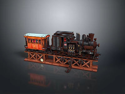 Vintage Steam Train Model with Wooden Carriage Metal Details and WESTERN Sign on Wooden Base 3d model