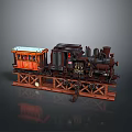 Vintage Steam Train Model with Wooden Carriage Metal Details and WESTERN Sign on Wooden Base